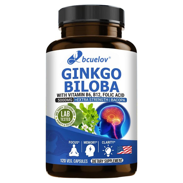 Ginkgo Biloba Supplement - with Vitamins B6 B12 - Standardized Extract 24% Ginkgo Flavonoid Glucosides 6% Terpene Lactones - Brain Memory Mental Clarity Alertness Energy Mood-120Capsules