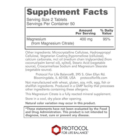 Protocol Magnesium Citrate 400Mg - Mood Support, Heart Health, Brain Support Supplement - 100 Tabs