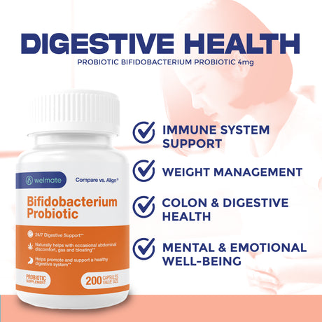 Welmate Bifidobacterium Probiotic Supplement - 24/7 Digestive Support - 200 Count Capsules