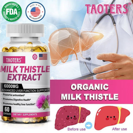 TAOTERS Milk Thistle Extract 6000 Mg Softgels, Advanced Liver Support, with Dandelion and Artichoke...-60Capsules