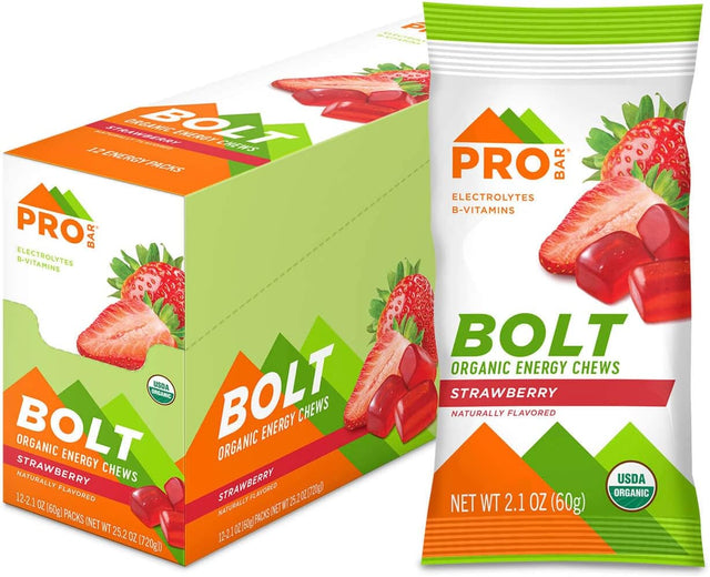 PROBAR - Bolt Organic Energy Chews, Strawberry, Non-Gmo, Gluten-Free, USDA Certified Organic, Healthy, Natural Energy, Fast Fuel with Vitamins B & C, 2.1 Ounce (Pack of 12)