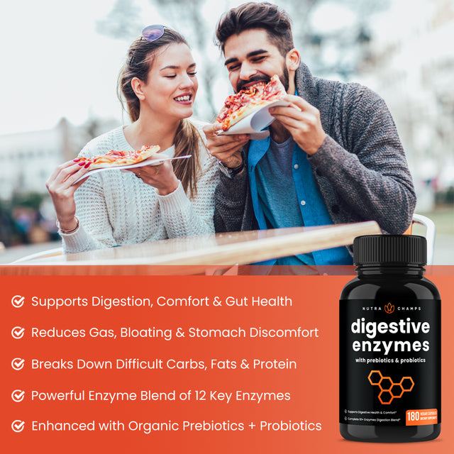 Nutrachamps Digestive Enzymes with Probiotics and Prebiotics | 180 Servings, Vegan Digestion Supplement with Bromelain | Bloating Relief for Women & Men | Relieve Constipation, Gas, IBS, & More