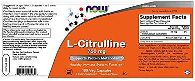 NOW Foods L-Citrulline 750 Mg, 180 Capsules (2 Pack)