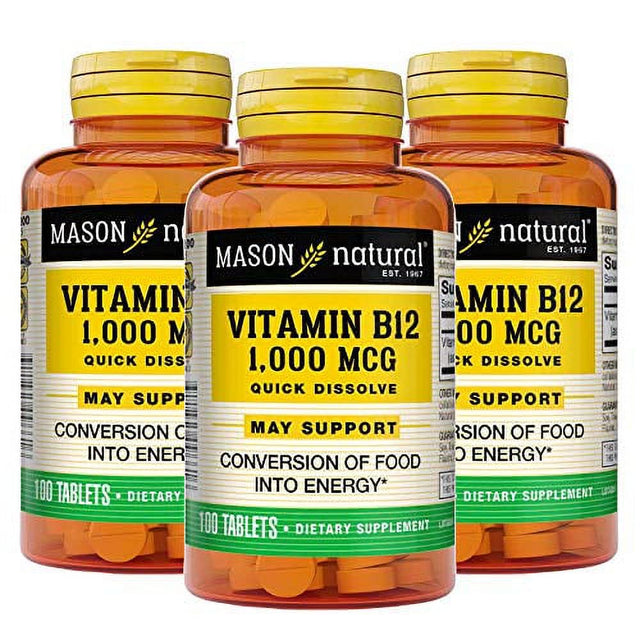 Mason Vitamins B-12 1000Mcg Sublingual Cyanocobalamin Tablets, 100-Count Bottles (Pack of 3)