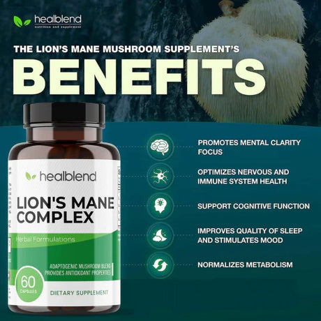 Healblend Lions Mane Mushroom Complex Capsules - Brain Supplement, Stimulates Mood, Memory and Creativity (60 Capsules) 3-Pack