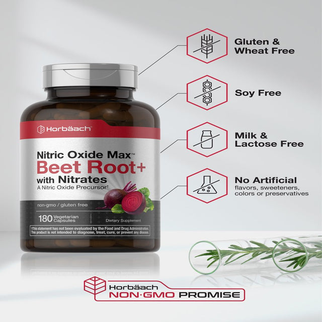 Nitric Oxide Beet Root Capsules | with Nitrates | 180 Count | by Horbaach