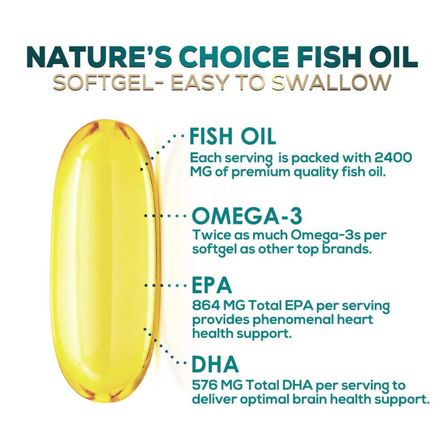 Triple Strength Omega 3 Fish Oil 2400 Mg Softgels, Nature'S Fish Oil Supplements, Brain & Heart Health Support - EPA & DHA, 1200 MG Fish Oil in Each Softgel, Omega-3 Supplement - 60 Fish Oil Softgels