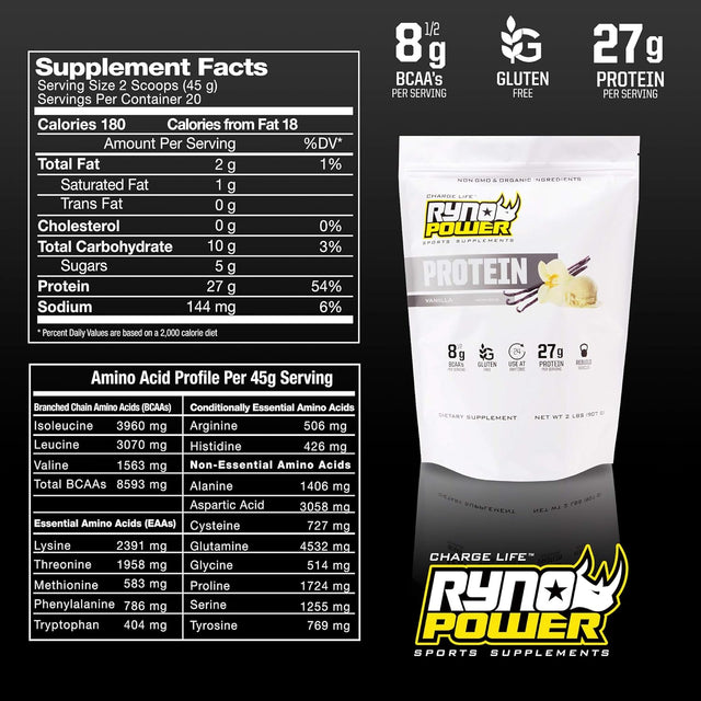 Ryno Power All-Natural, Gluten Free Protein - 100% Whey Protein Blend & No Fillers - Non GMO (Vanilla)