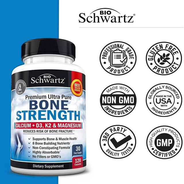 Bioschwartz Bone Strength Supplement with Calcium + D3, K2 & Magnesium for Women and Men - 120Ct