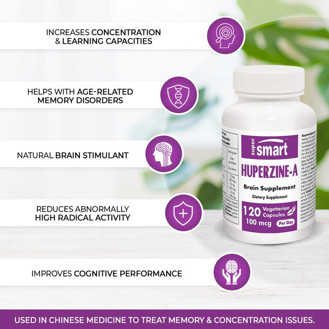 Supersmart - Huperzine-A 100 Mcg per Day - Nootropic - Brain Supplement - Focus & Memory Support | Non-Gmo & Gluten Free - 120 Vegetarian Capsules