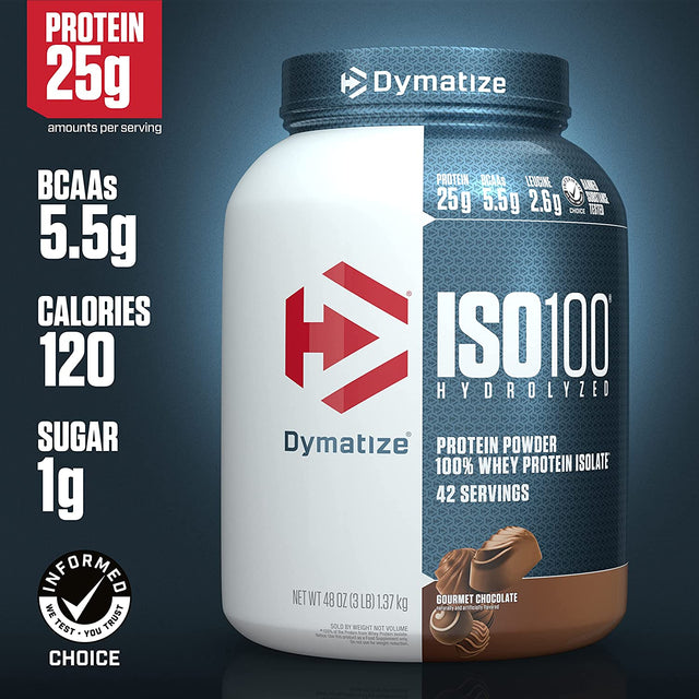 Dymatize ISO100 Hydrolyzed Protein Powder, 100% Whey Isolate Protein, 25G of Protein, 5.5G Bcaas, Gluten Free, Fast Absorbing, Easy Digesting, Gourmet Chocolate, 3 Pound