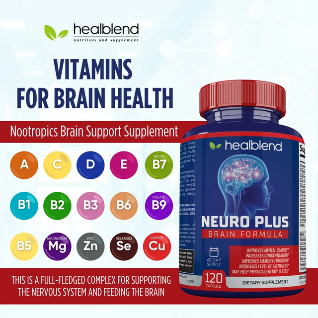 Healblend Neuro plus Brain Booster Supplements - Brain & Focus Formula, Supports Memory, Concentration & Mental Clarity for Adults – 120 3-Pack