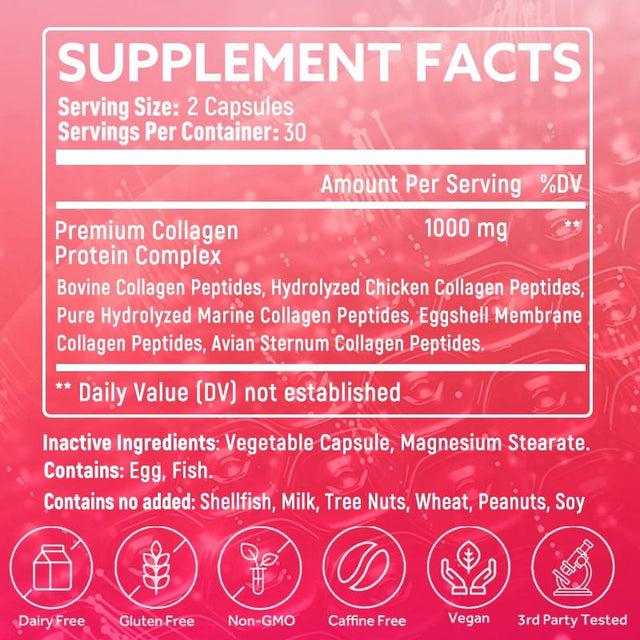 Bcuelov Collagen Complex Types I, II, III, V & X - Contains Pure Hydrolyzed Marine Collagen Peptides - for Skin, Nails, Hair, Gut, Joint Health