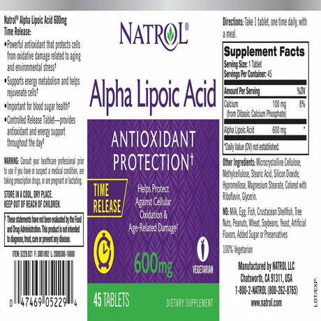 Natrol Alpha Lipoic Acid W/ Antioxidant Protection 600Mg, 45Ct, 2-Pack