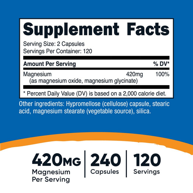 Nutricost Magnesium+ Extra Strength 420Mg, 240 Capsules - 120 Servings. Magnesium Glycinate, Oxide - Non-Gmo, Gluten Free, Vegan Friendly