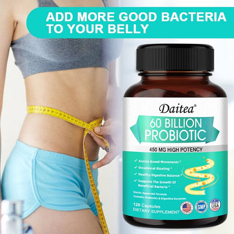 Daitea Probiotics 60 Billion + Probiotic Blend Capsules - 450 Mg per Serving - Gut Health, Digestion, Bloating, Constipation, Heart, Immune Support Supplement