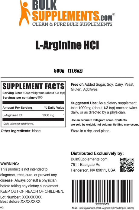 BULKSUPPLEMENTS.COM L-Arginine Hcl Powder - L-Arginine 1000Mg, Arginine Supplement - Nitric Oxide Supplement, Nitric Oxide Powder - Pure & Gluten Free, 1000Mg per Serving, 500G (1.1 Lbs)