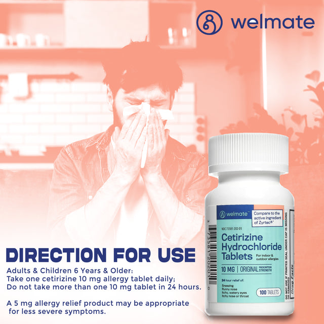 Welmate Allergy Relief | Cetirizine HCL 10 Mg | 100 Count Tablets | 24 Hour