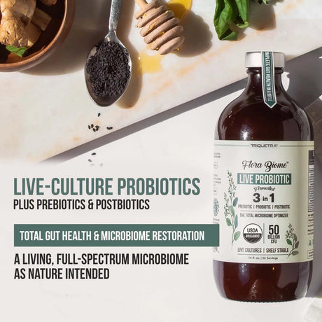 Flora Biome - Live Probiotic, Prebiotic & Postbiotic – Organic, Fermented Live-Culture – 10 Probiotic Strains, 19 Fermented Herbs, 50 Billion CFU - Complete Gut Health & Microbiome Optimizer (16 Oz)