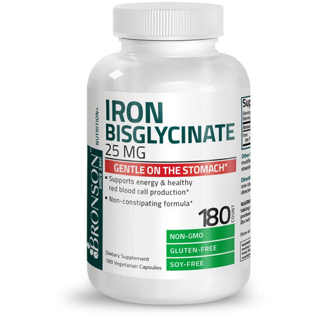 Bronson Iron Bisglycinate 25 Mg Gentle on the Stomach, Supports Energy & Healthy Red Blood Cell Production - Non-Constipating Formula - Non GMO, 180 Vegetarian Capsules