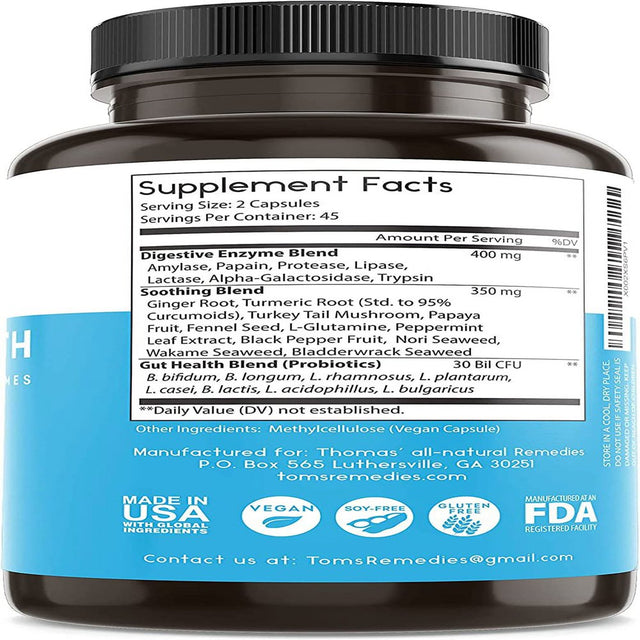 Thomas' All-Natural Remedies Gut Health with Digestive Enzymes, Probiotics, Ginger, Papaya, and Turmeric for Digestion and Bloating Relieve 90