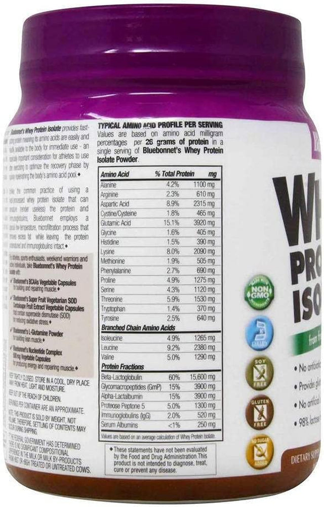 Bluebonnet Nutrition Whey Protein Isolate Powder, Whey from Grass Fed Cows, 26G of Protein, No Sugar Added, Gluten Free, Soy Free, Kosher Dairy, 1 Lb, 14 Servings, Chocolate Flavor