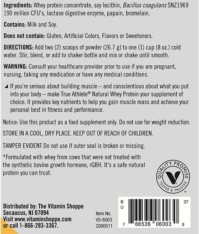 True Athlete Natural Whey Protein - Unflavored, 20G of Protein per Serving - Probiotics for Digestive Health, Enzymes for Protein Digestion - NSF Certified for Sport (1.4 Pound Powder)