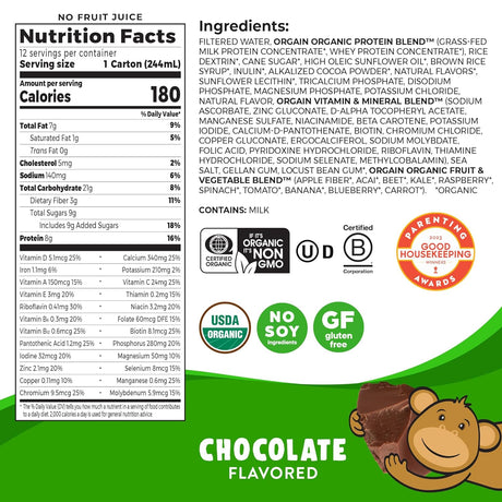 Orgain Organic Kids Nutritional Protein Shake, Chocolate - Kids Snacks with 8G Dairy Protein, 22 Vitamins & Minerals, Fruits & Vegetables, Gluten Free, Soy Free, Non-Gmo, 8.25 Fl Oz (Pack of 12)