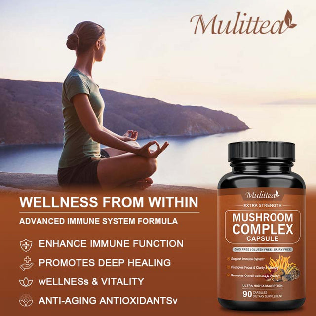 MULITTEA Mushroom Supplement |Lions Mane, Reishi and Cordyceps |10 Mushroom Complex Formula - Supplement for Memory & Focus, Immune Booster & Stress Relief - 90 Capsules