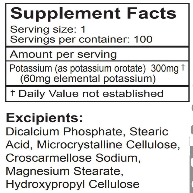 Lifelink'S Potassium Orotate | 300 Mg X 100 Tablets | Electrolyte Balance, Proper Nerve & Muscle Function | Gluten Free & Non-Gmo | Made in the USA