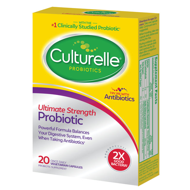 Culturelle Ultimate Strength Daily Probiotic for Men and Women, Most Clinically Studied Probiotic Strain, 20 Billion Cfus, Supports Occasional Diarrhea, Gas & Bloating, Non-Gmo, 30 Count