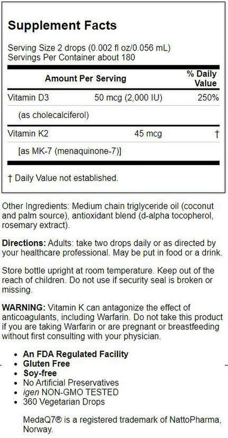 Carlson - Super Daily D3+K2, 50 Mcg (2000 IU) & 45 Mcg, Liquid Vitamins D & K, Vegetarian, Unflavored, 360 Drops