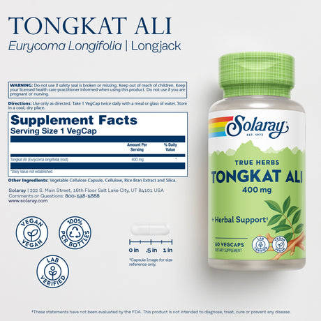 Solaray Tongkat Ali Root 400Mg | Traditional Support for Healthy Male Libido, Energy & Performance | 60 Vegcaps