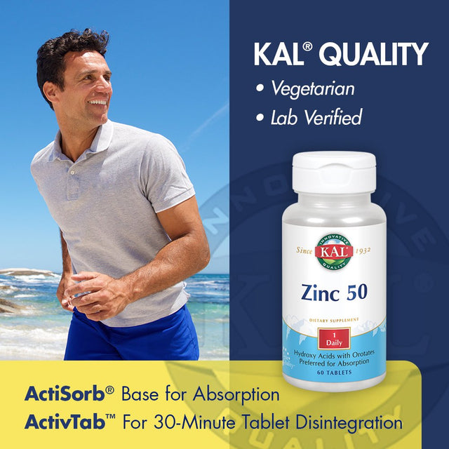 KAL Zinc 50 Hydroxy Acids W/ Orotates | Healthy Metabolism & Immune System Function Support | Preferred for Absorption | Vegetarian | 60 Tablets