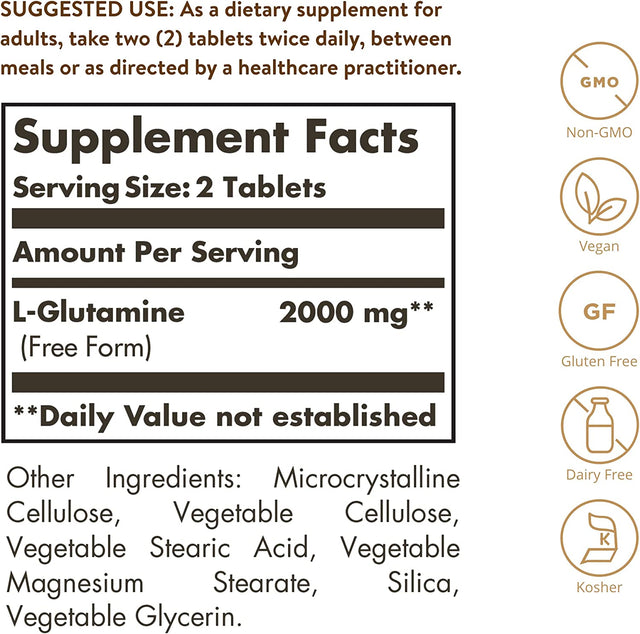 Solgar L-Glutamine 1000 Mg, 60 Tablets - Natural Muscle Food - Promotes Gastrointestinal (GI) Health - Supports Brain Health - Non-Gmo, Vegan, Gluten Free, Dairy Free, Kosher - 30 Servings