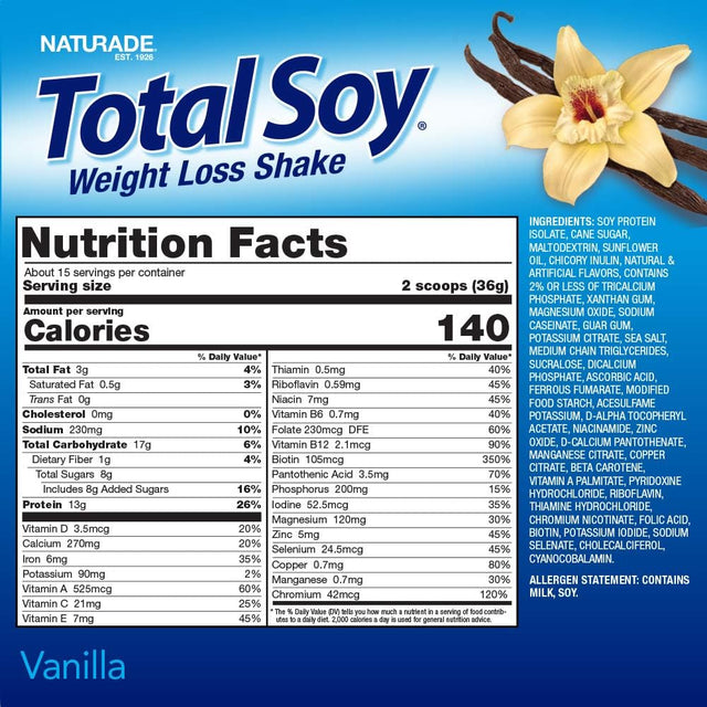 Naturade Total Soy Protein Powder - 13G Protein & 140Cal per Servings, Zero Trans Fat, Non-Gmo Soy - Lactose & Gluten Free - Vanilla (15 Servings)