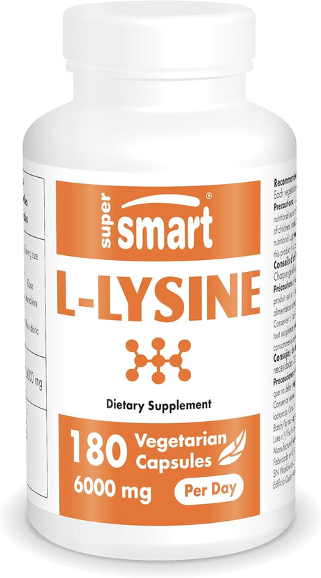 Supersmart - L-Lysine Supplement 6000Mg per Day (Amino Acids) - Immune Support - Collagen Synthesis - Bones, Skin & Muscle Health | Non-Gmo & Gluten Free - 180 Vegetarian Capsules