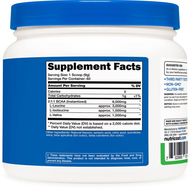 Nutricost BCAA Powder - 2:1:1 (Green Apple), 60 Servings - Non-Gmo Supplement