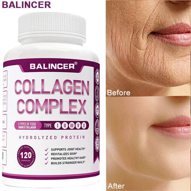 Balincer Premium Multi Collagen Peptides Capsules (Types I, II, III, V, X) - Hair, Skin and Nails, Digestive & Joint Health Supplement, Hydrolyzed Collagen Pills (60/120 Capsules)