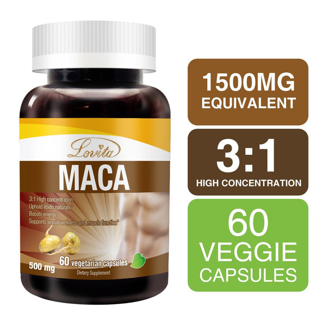 Lovita Maca Root Extract 1500Mg, Energy, Performance & Mood Supplement for Men & Women, Supports Reproductive Health, 60 Vegetarian Capsules (Pack of 3)