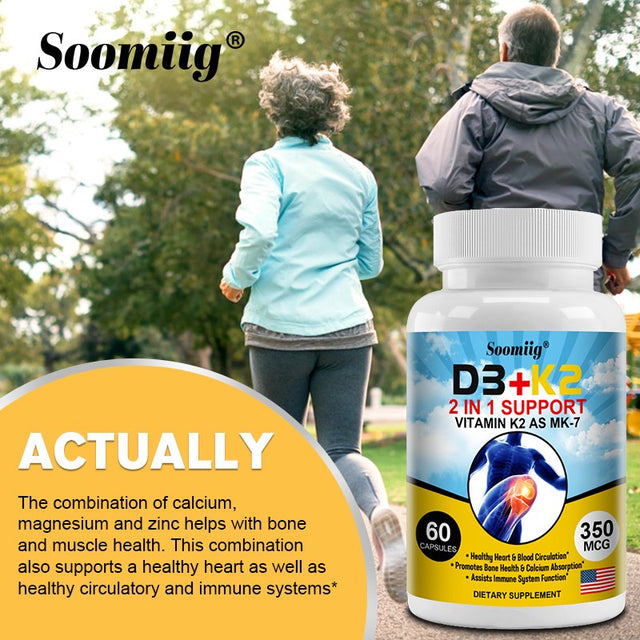 Soomiig D3+K2 Supplement 2-In-1 Supports Vitamin K2 as MK-7 to Support Heart, Blood Circulation, Bones, Colon Absorption