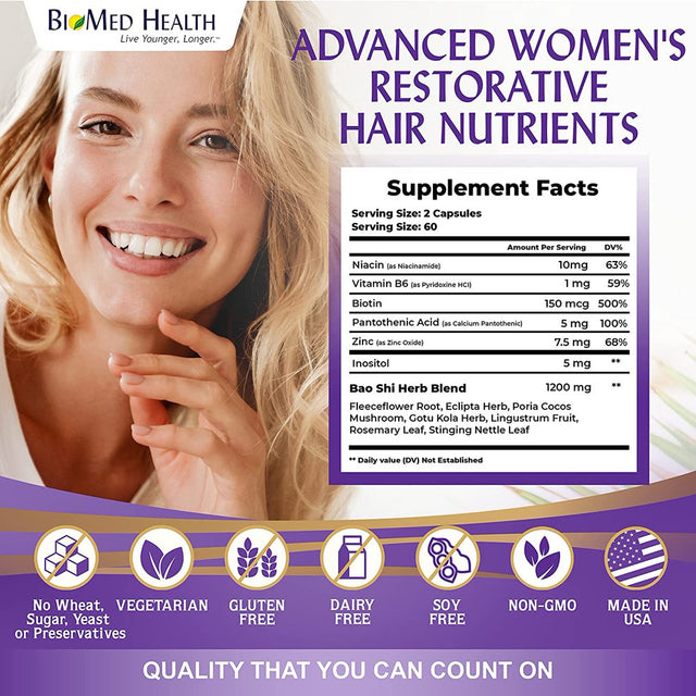 Biomed Health Hair Growth Vitamins for Women 120Ct - Advanced Restorative Hair Nutrients, Promotes Hair Regrowth and Anti-Gray Hair