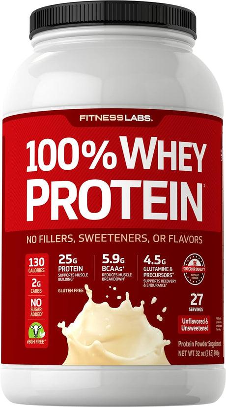 Fitness Labs Whey Protein Powder | 2 Lb | 25G Protein | Unflavored and Unsweetened | 27 Servings | with Bcaas | Non-Gmo, Gluten Free Supplement