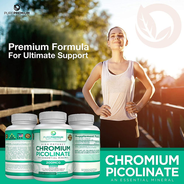 Chromium Picolinate by Purepremium Supplements - Maximum Strength Essential Mineral - Supports Weight Loss, Metabolism, and Healthy Blood Sugar Levels - 200Mcg, 100 Capsules