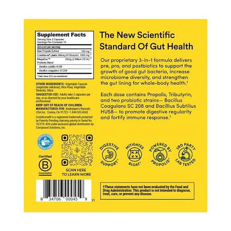 Beekeeper'S Naturals Complete Gut Health, 3-In-1 Prebiotic, Postbiotic, Probiotics for Digestive Health & Bloating Relief for Women & Men, Propolis Powered, Gluten-Free Vegan Capsules, 20Ct