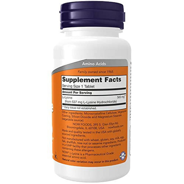 NOW Supplements, L-Lysine (L-Lysine Hydrochloride) 500 Mg, Amino Acid, 100 Tablets