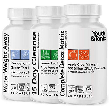 3Pk Detox Cleanse Kick off Weight Management | Colon Cleanser + Water Loss Pills W Dandelion + ACV Full Body Detox + Probiotics | Flat Stomach & Waist Line Reduction|Restart Metabolism Bloating Relief