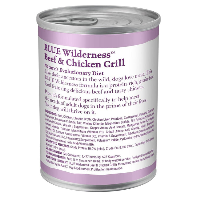 Blue Buffalo Wilderness High Protein Beef and Chicken Wet Dog Food for Adult Dogs, Grain-Free, 12.5 Oz. Can