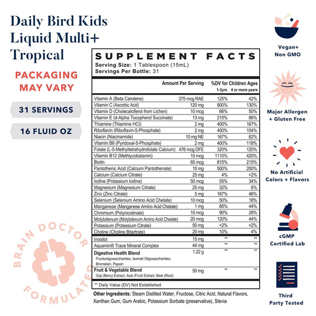 Daily Bird Multi+ for Kids, Liquid Multivitamin, Methylfolate (Folic Acid), Methylcobalamin, Natural Whole Food Blend, Prebiotics, Immune Support Vitamins, Non-Gmo, Gluten Free, Tropical, 16 Oz