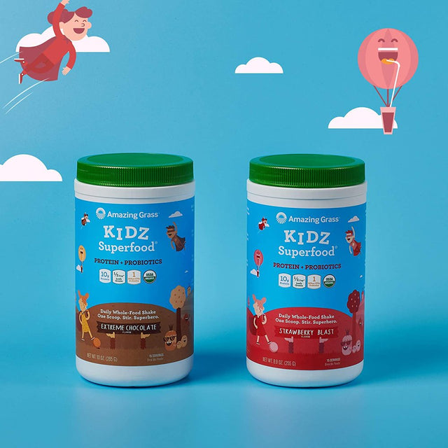 Amazing Grass Kidz Superfood: Vegan Protein Probiotics for Kids with Beet Root Powder 1/2 Cup of Leafy Greens, Strawberry Blast, 15 Servings